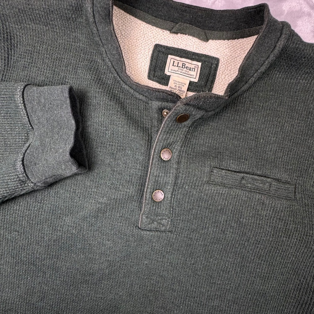 LL Bean‎ Mens XL Waffle Knit Sherpa Lined Henley Pullover Dark Green 298100